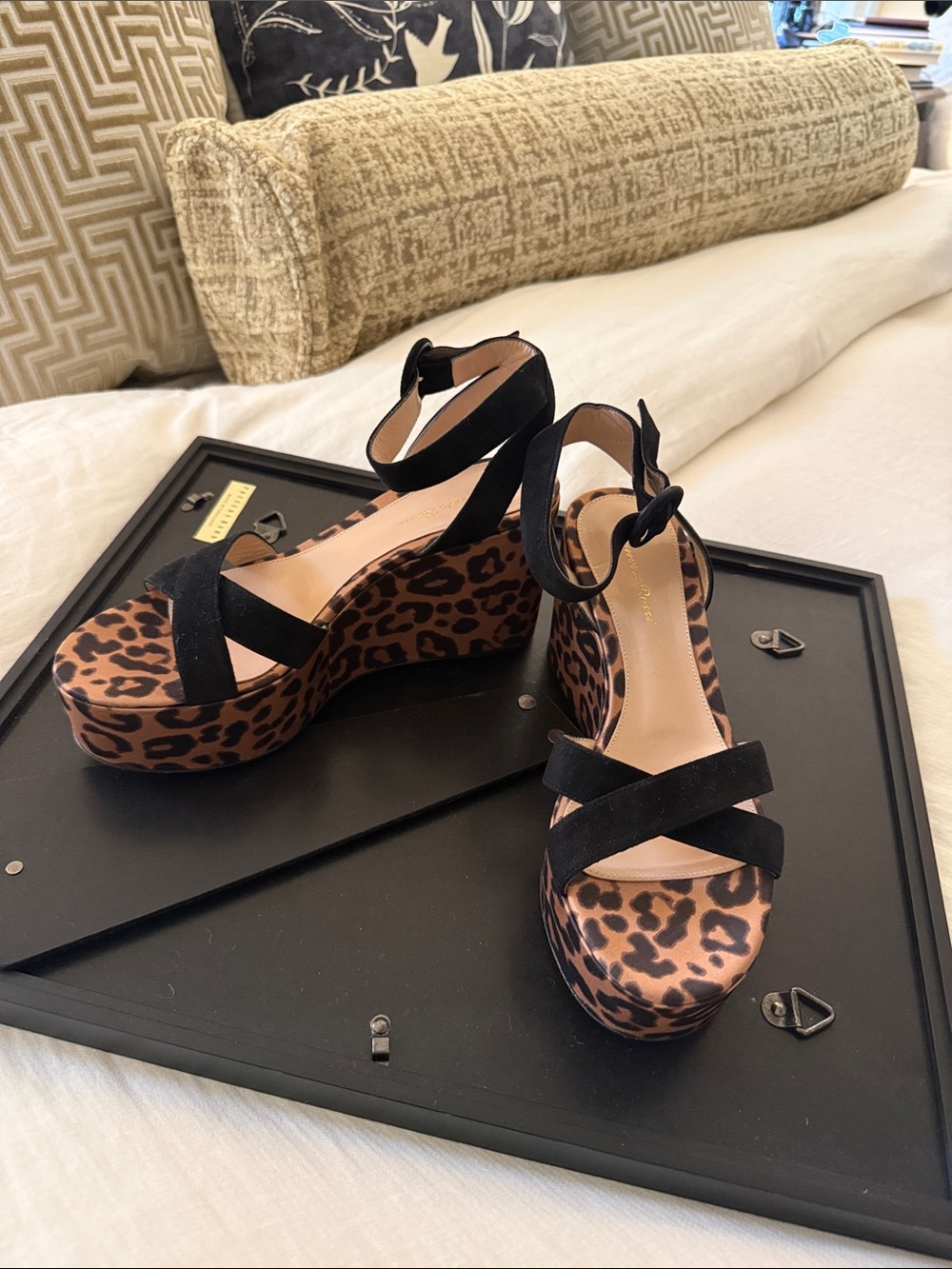 Gianvito Rossi Black Suede Strappy Platforms with Leopard Print